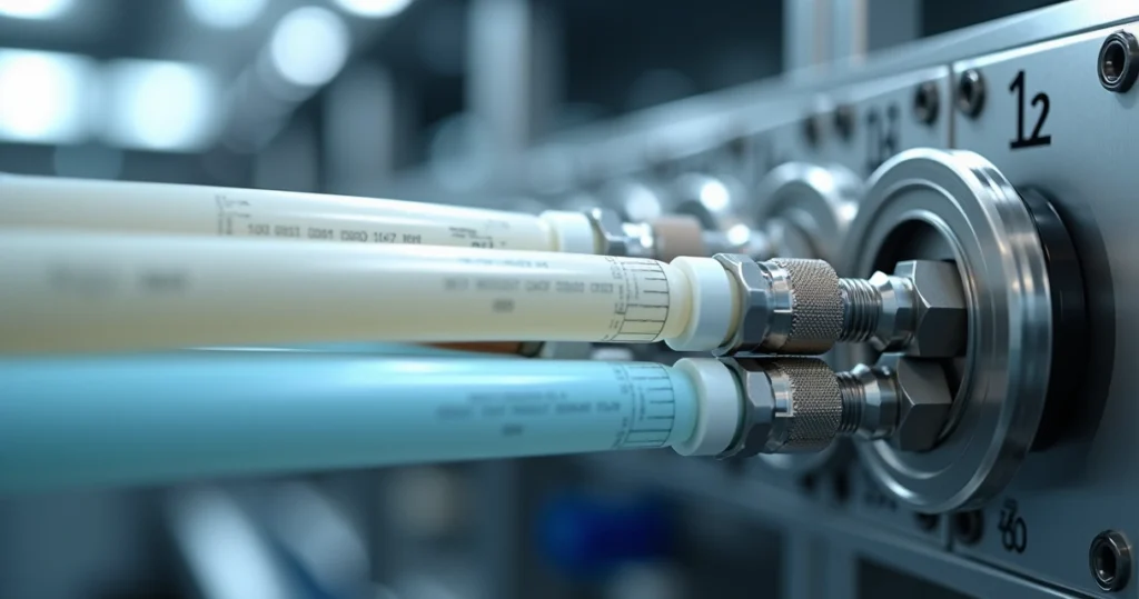 Close-up de tubos e mangueiras em PA 12 instalados em painel técnico