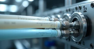 Close-up de tubos e mangueiras em PA 12 instalados em painel técnico
