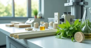 Tubos industriais em PA 11 apoiados sobre mesa com frutos de mamona ao lado