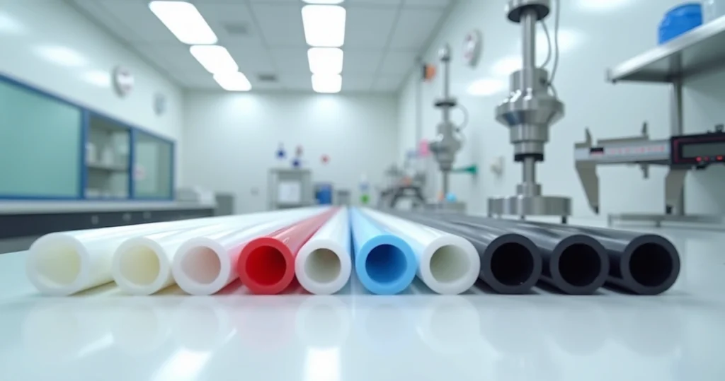 Tubos de Teflon PTFE coloridos organizados em bancada de laboratório esterilizada