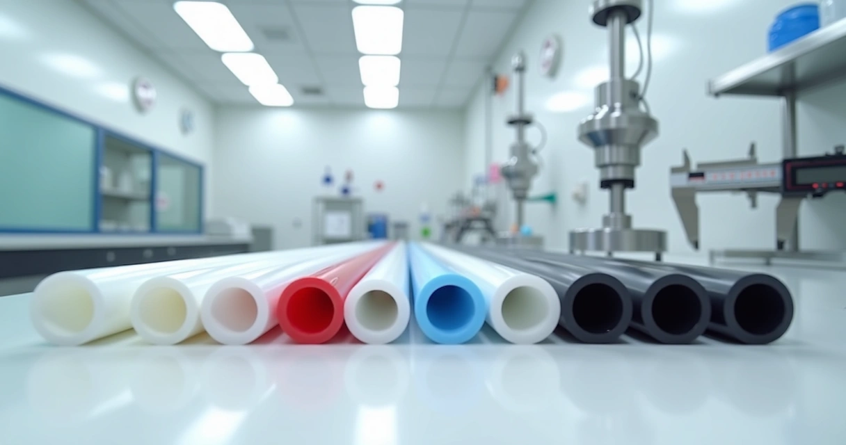 Tubos de Teflon PTFE coloridos organizados em bancada de laboratório esterilizada