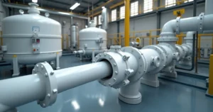 Trecho de tubulações em PRFV revestidas com PVDF interligando tanques em planta química moderna