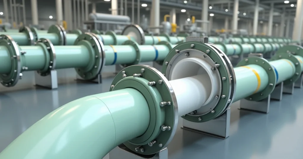 Tubulações de PRFV revestidas com ECTFE interligando equipamentos em planta industrial limpa