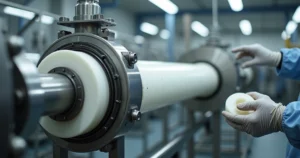 Buchas moldadas em teflon instaladas em eixo de equipamento industrial