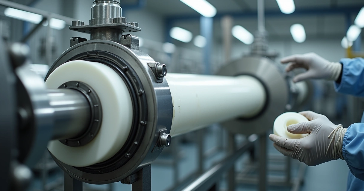 Buchas moldadas em teflon instaladas em eixo de equipamento industrial