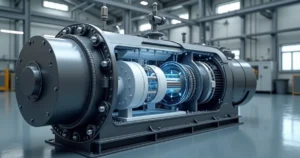 Compressor industrial em corte revelando anéis e placas de PTFE nas áreas de contato