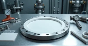 Junta de PTFE branca posicionada entre flanges de aço inox em bancada industrial