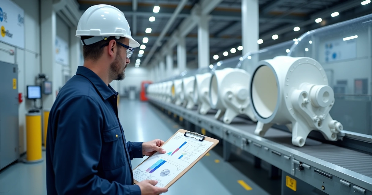 Engenheiro inspecionando peças revestidas em PTFE em linha de produção automatizada