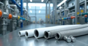 Mangueiras de PTFE lisas e corrugadas com malha de aço inox em ambiente de planta química