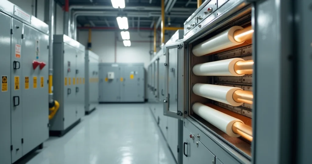 Mantas de PTFE envolvendo barramentos elétricos em painel industrial