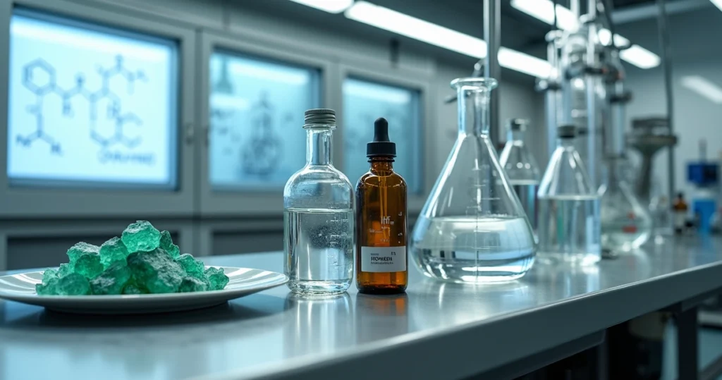 Sequência de matérias-primas do PTFE organizadas em bancada de laboratório químico moderno