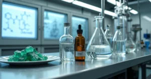Sequência de matérias-primas do PTFE organizadas em bancada de laboratório químico moderno