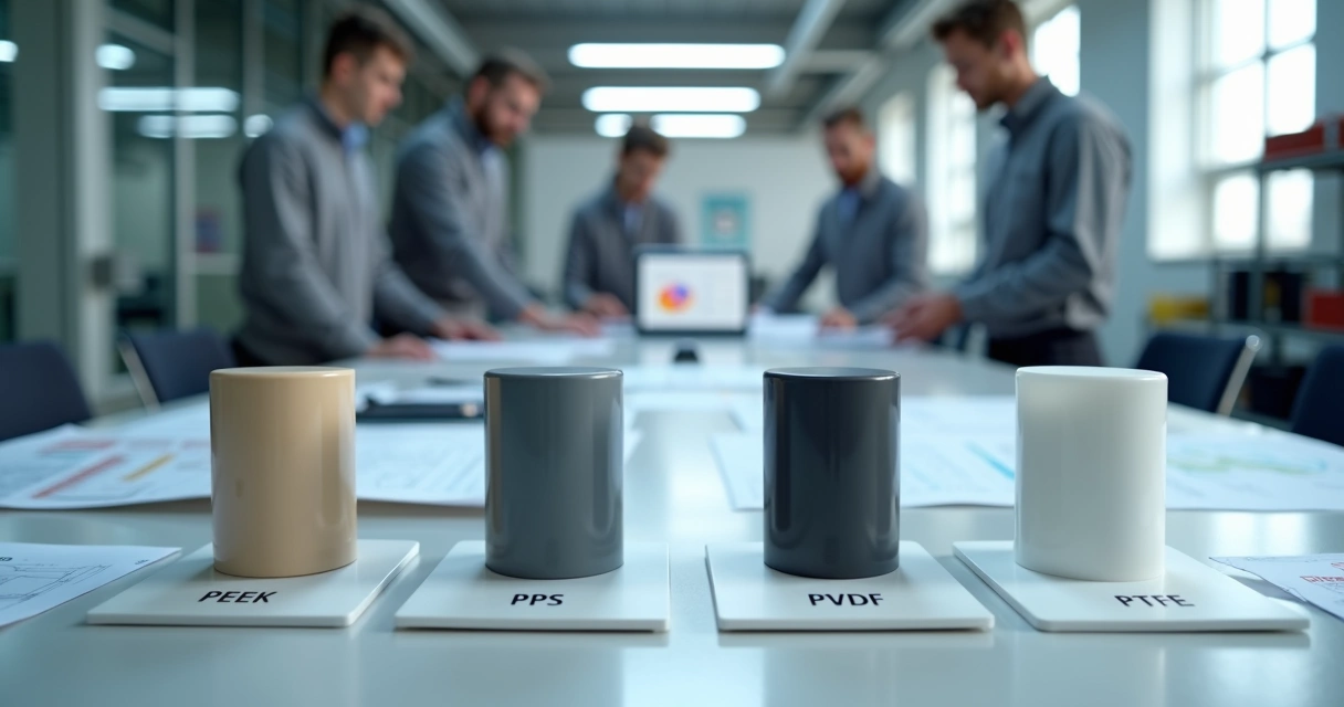 Mesa de engenharia com amostras cilíndricas de PEEK PPS PVDF e PTFE em ambiente industrial moderno