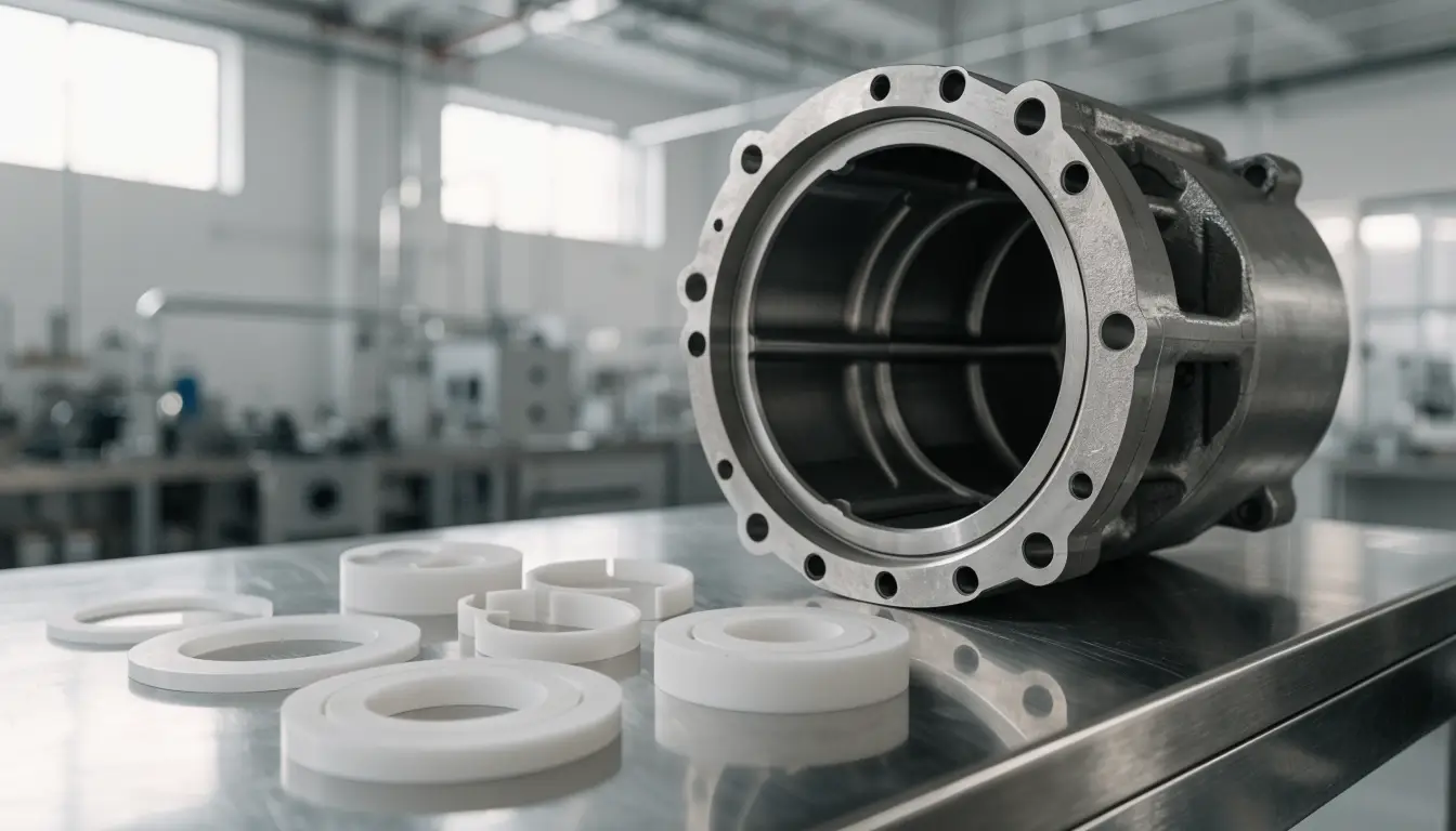 PTFE em compressores: anéis de vedação, guias e sedes de válvula em PTFE sobre bancada industrial