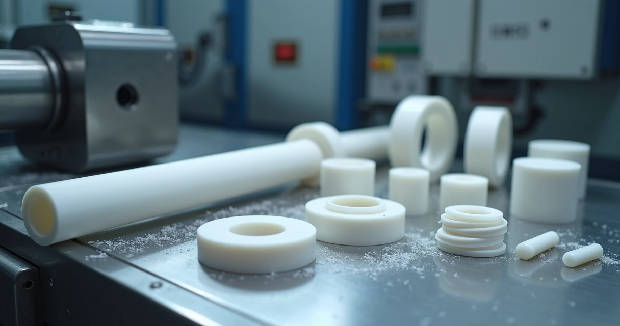 Tarugos de PTFE sendo usinados em torno CNC em fábrica limpa