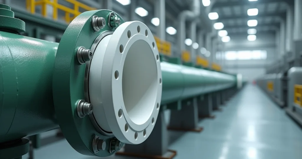 Detalhe de tubulação de PRFV revestida com Teflon em flange industrial