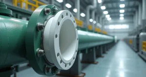 Detalhe de tubulação de PRFV revestida com Teflon em flange industrial