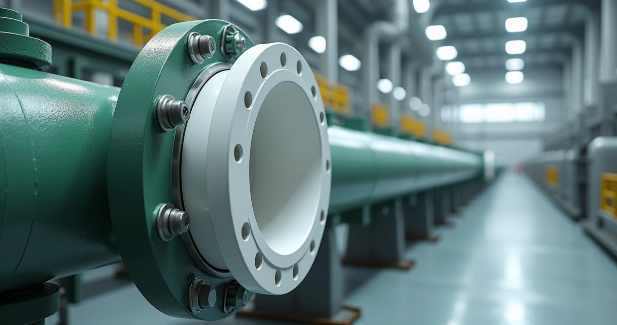 Detalhe de tubulação de PRFV revestida com Teflon em flange industrial