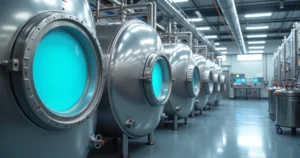 Vasos de aço revestidos com PFA alinhados em planta química moderna