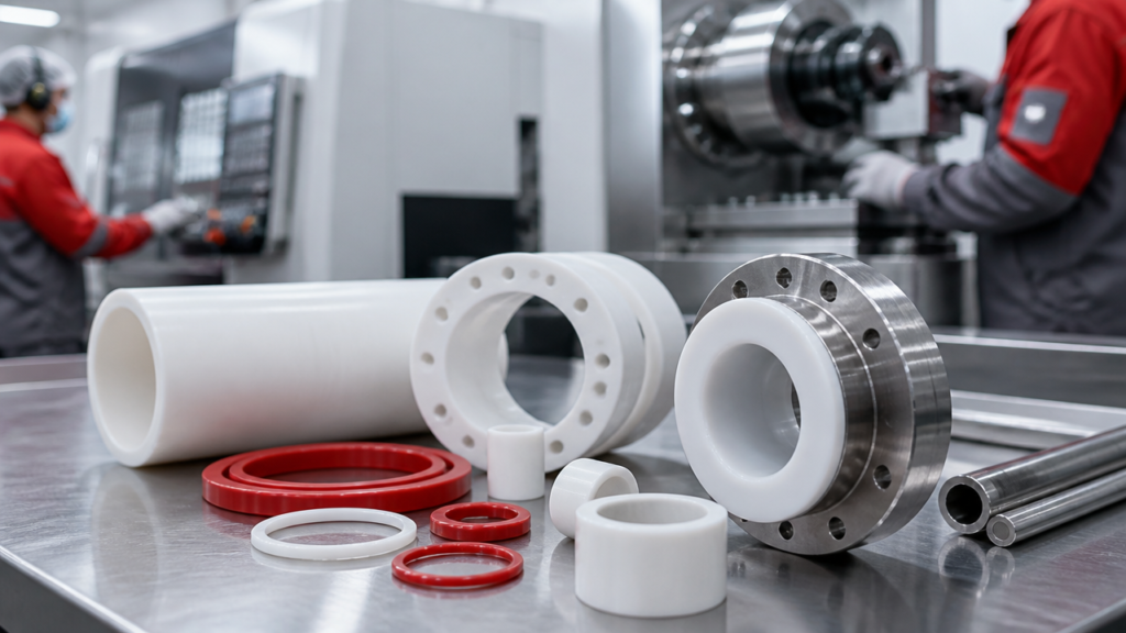 Ambiente industrial com peças técnicas em PTFE e componente metálico com revestimento fluoropolimérico sobre bancada.