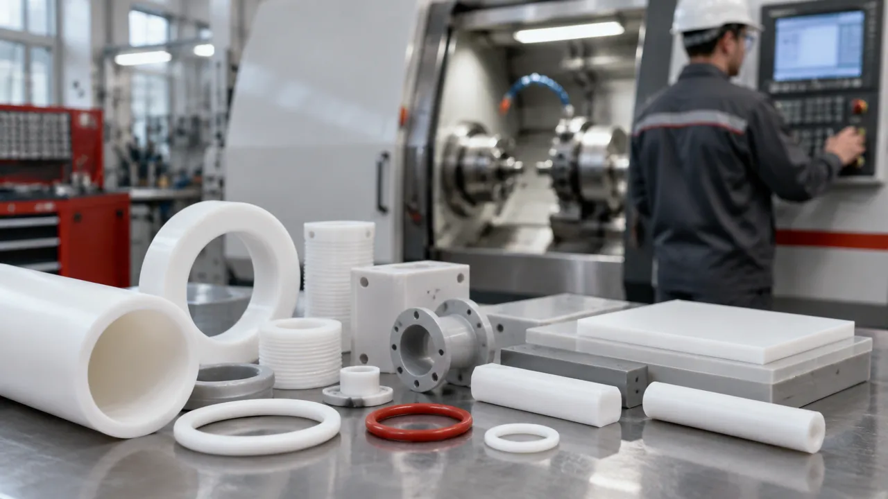 Componentes industriais de PTFE, tubos, buchas e anéis usinados em uma bancada de fabricação
