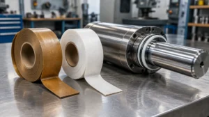 Rolos de fita guia de PTFE com bronze e com fibra de vidro ao lado de pistão hidráulico