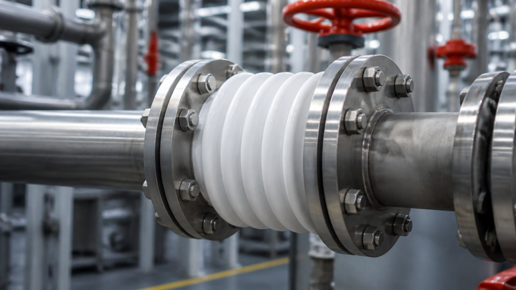 Junta de expansão em PTFE instalada entre flanges de uma tubulação industrial