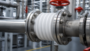 Junta de expansão em PTFE instalada entre flanges de uma tubulação industrial