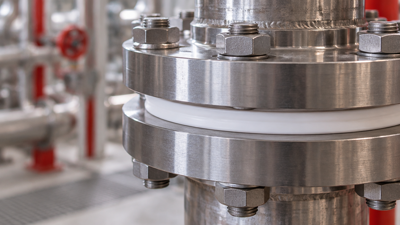 Junta de PTFE comprimida entre flanges metálicos em contexto industrial, ilustrando fluência sob carga.