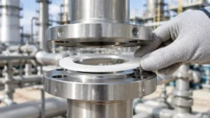 Junta plana de PTFE branca entre dois flanges de aço inox