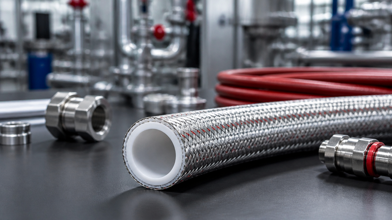 Mangueira industrial em PTFE com malha metálica trançada sobre bancada técnica em ambiente fabril