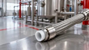 Mangueira industrial trançada em aço inox com revestimento interno de PTFE em ambiente de processo