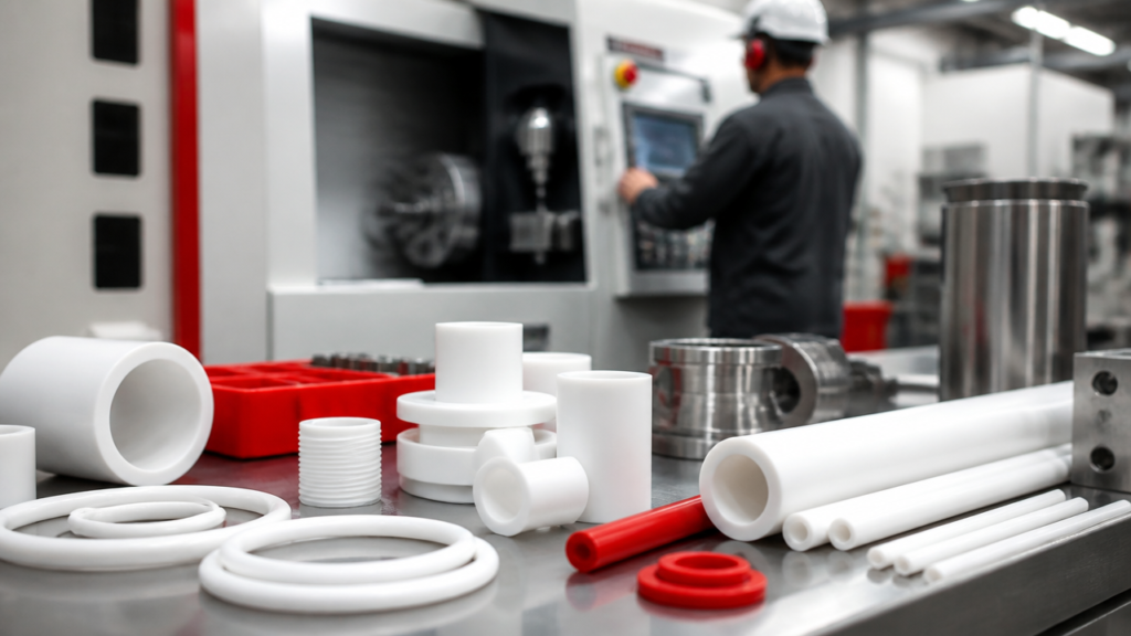 Peças e componentes em PTFE organizados em bancada industrial, com usinagem ao fundo