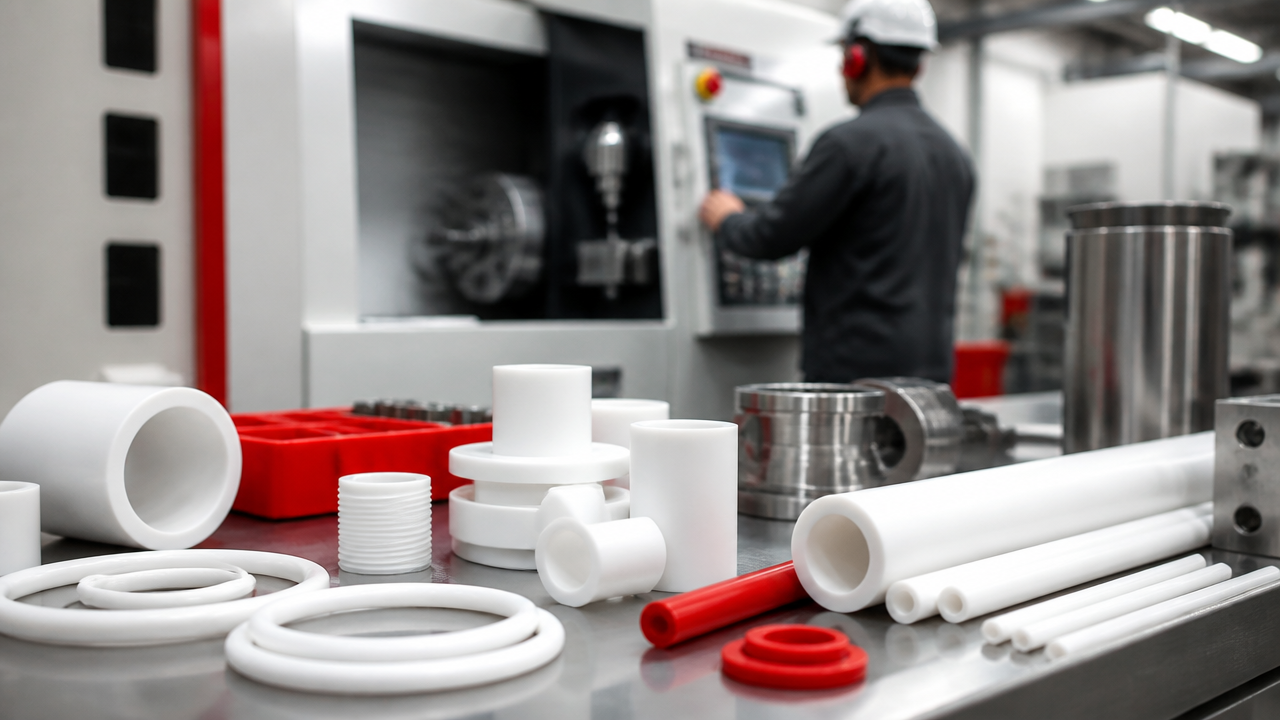Peças e componentes em PTFE organizados em bancada industrial, com usinagem ao fundo