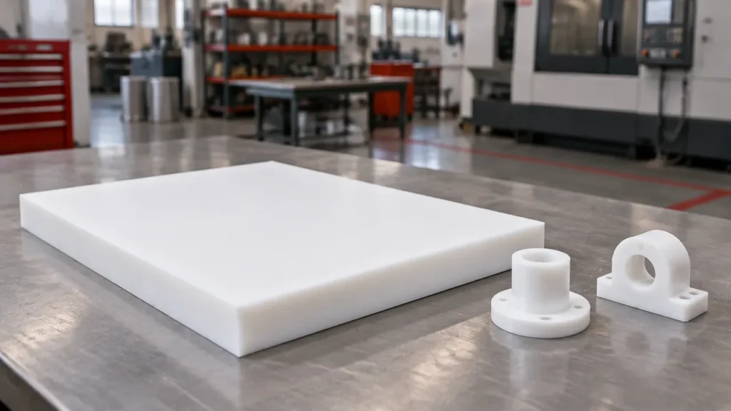Placa espessa de PTFE branco sobre bancada industrial ao lado de componentes usinados