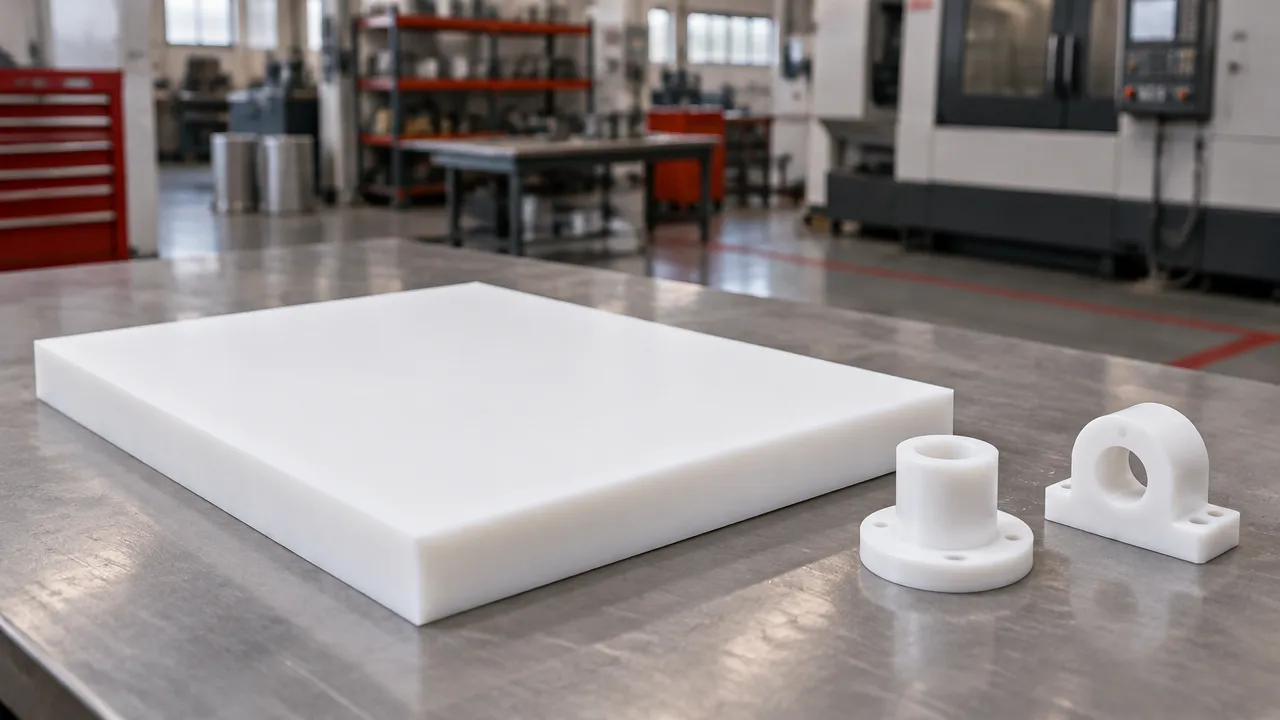 Placa espessa de PTFE branco sobre bancada industrial ao lado de componentes usinados