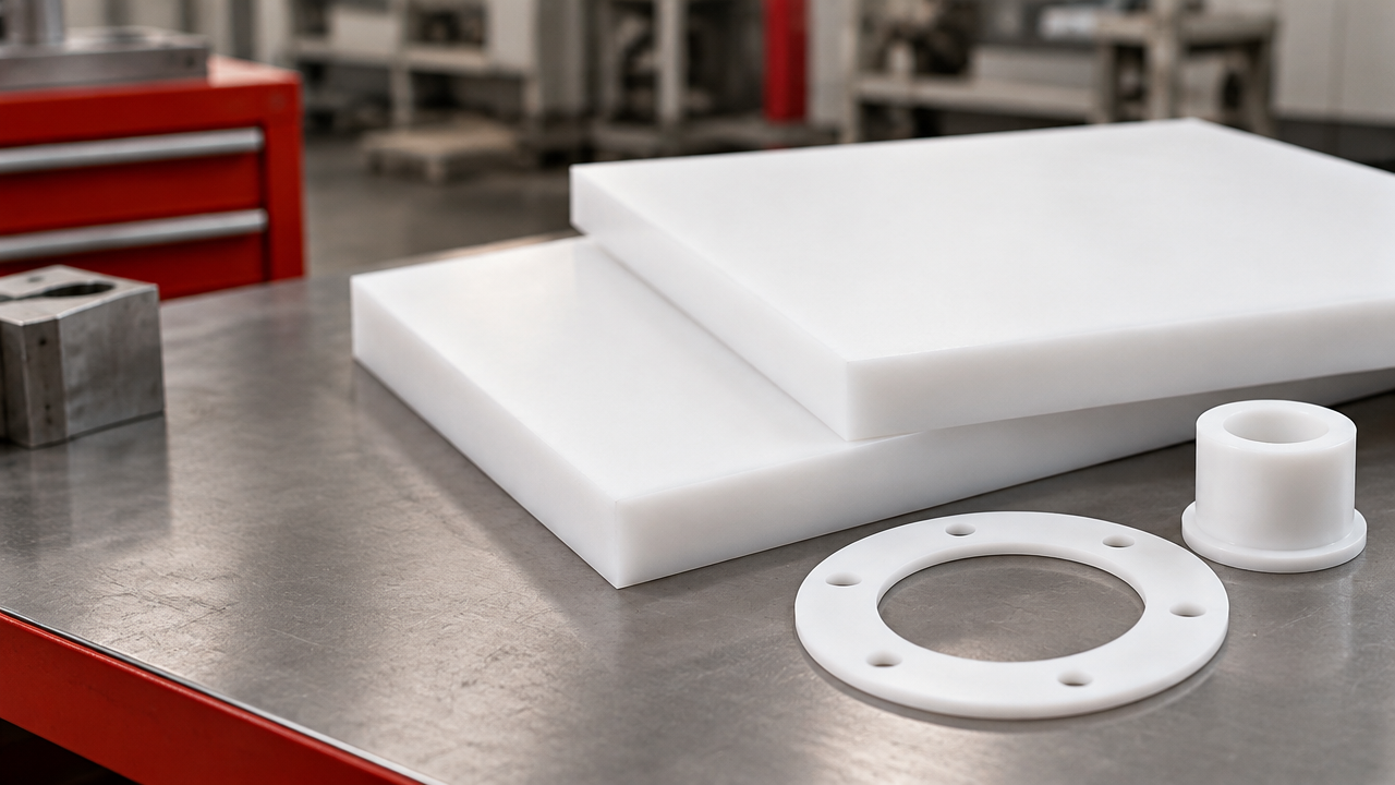 Placas brancas de PTFE ao lado de uma junta circular e uma bucha usinada em bancada industrial