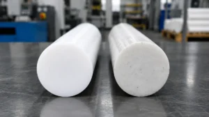 Tarugo de PTFE virgem branco ao lado de tarugo de PTFE reprocessado acinzentado