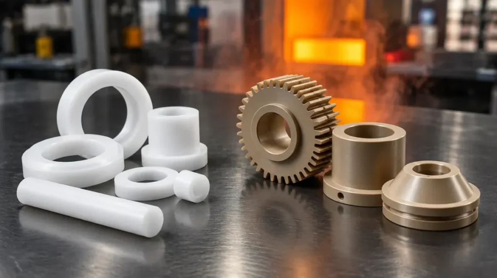 Peças usinadas em PTFE (brancas) e PEEK (bege) sobre bancada de aço