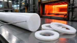 Tarugo e juntas de teflon PTFE diante de forno industrial aquecido