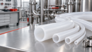 Tubos brancos de PTFE em diferentes diâmetros sobre uma bancada industrial